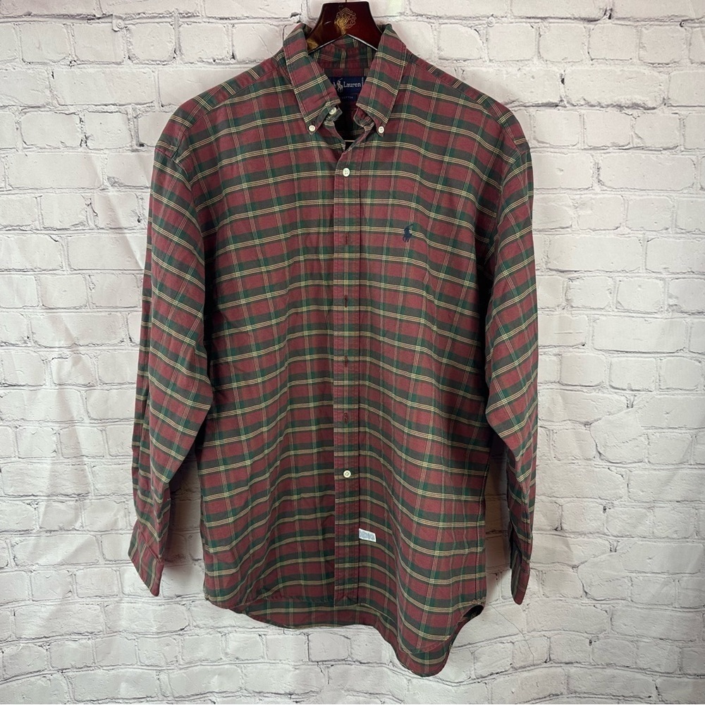 Ralph Lauren Red Green Plaid Button-Down Shirt 100% cotton sz L preppy
